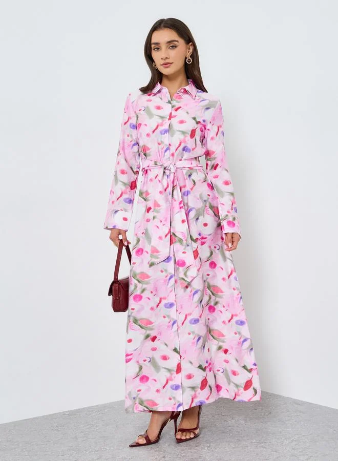 ستايلي فستان قميص ماكسي بطبعة زهور وأكمام طويلة